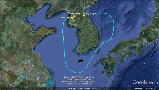 An estimate route of KJI's pleasure boats from Wo'nsan, Kangwo'n Province to Pyongyang via Namp'o (Photo: Google image)